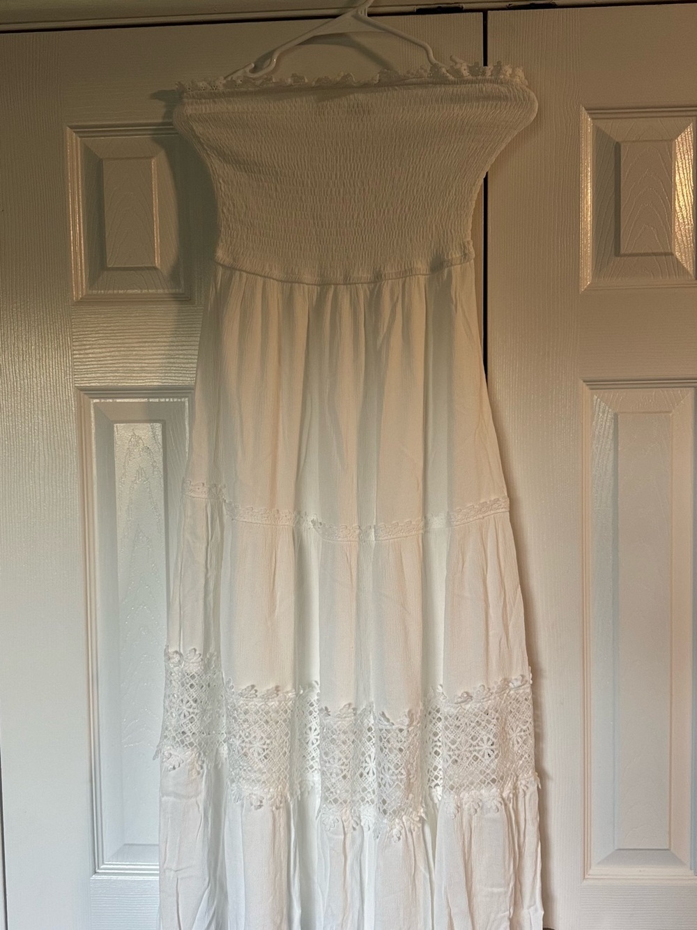 White Strapless Boho Maxi Dress with Crochet Panels